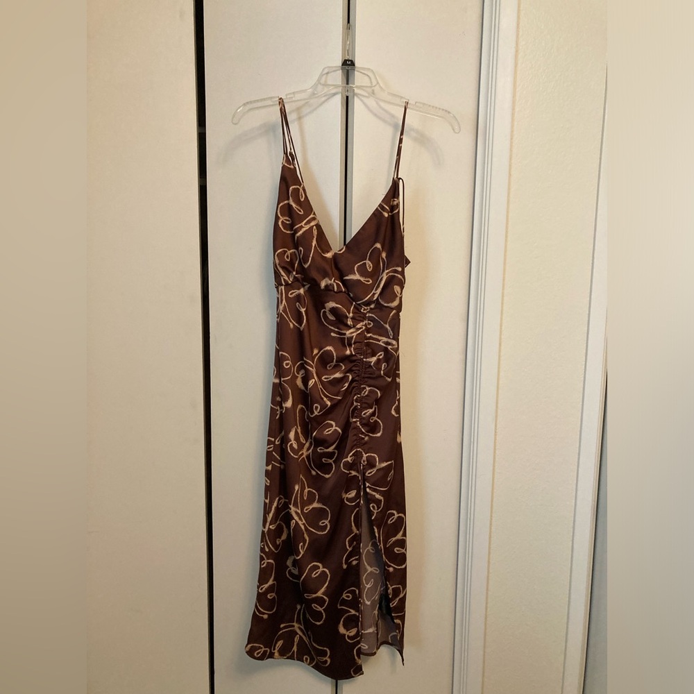 Urban Outfitters Brown & Cream Plunged Neckline Midi Dress Side Split